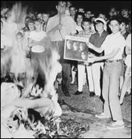 Bible Belt crowds burn Beatles records in Birmingham, Alabama in the summer of 1966.