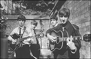 The Beatles in 1964. Left to right: George Harrison, Ringo Starr, Paul McCartney, and John Lennon.