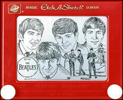 The Beatles depicted on a Etch A Sketch.