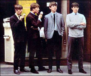 The Beatles enjoy ice cream cones during an early Dezo Hoffman photo shoot in July, 1963. Left to right: Ringo Starr, John Lennon, George Harrison and Paul McCartney.