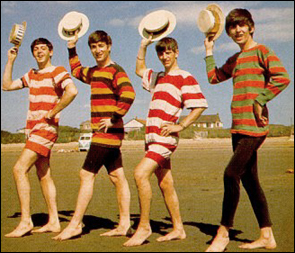 The Beatles camp it up in old-fashioned bathing suits in Somerset, England. Left to right: Paul McCartney, John Lennon, Ringo Starr and George Harrison.