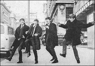 The Beatles outside the BBC studios in London, England, circa 1963. Left to right: George Harrison, Ringo Starr, Paul McCartney and John Lennon.